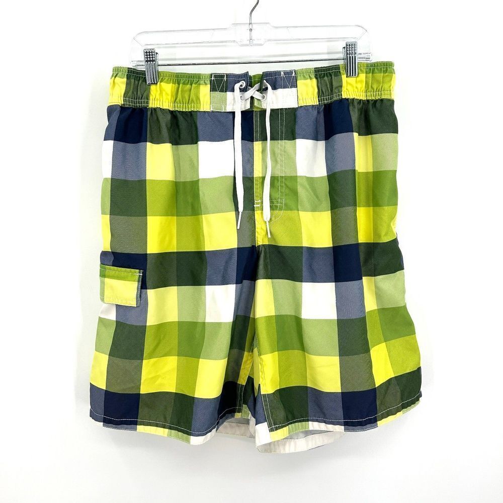 MOSSIMO Men's Green Yellow Plaid Mesh Lined Swim Trunks Shorts Size Large
